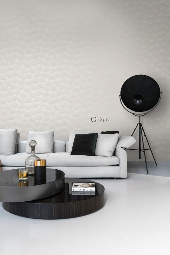 Metallic golden beige wallpaper, matte outlines of Ginkgo leaves 347749, City Chic, Origin 