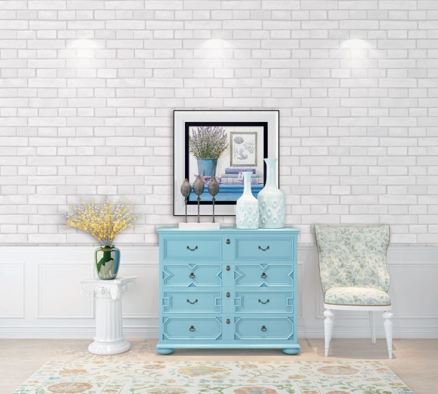 Washable white-grey brick wallpaper, brick wall imitation 555131, Old Friends 3, Vavex 2025