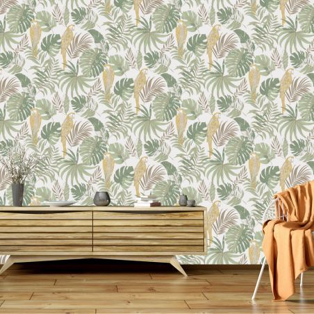 Non-woven wallpaper with parrots and leaves, L76307 Ugepa