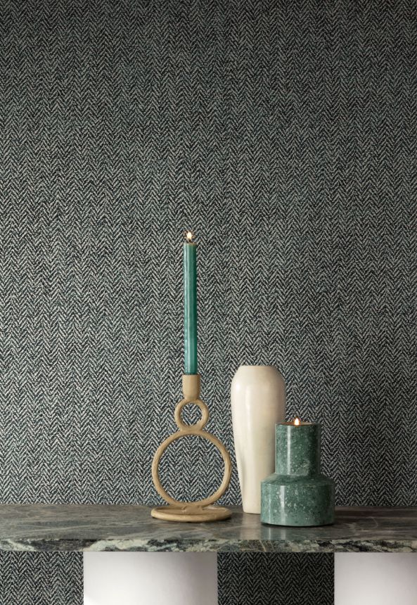 Green-silver wallpaper, fabric imitation, herringbone pattern, ILA701, Aquila, Khroma by Masureel
