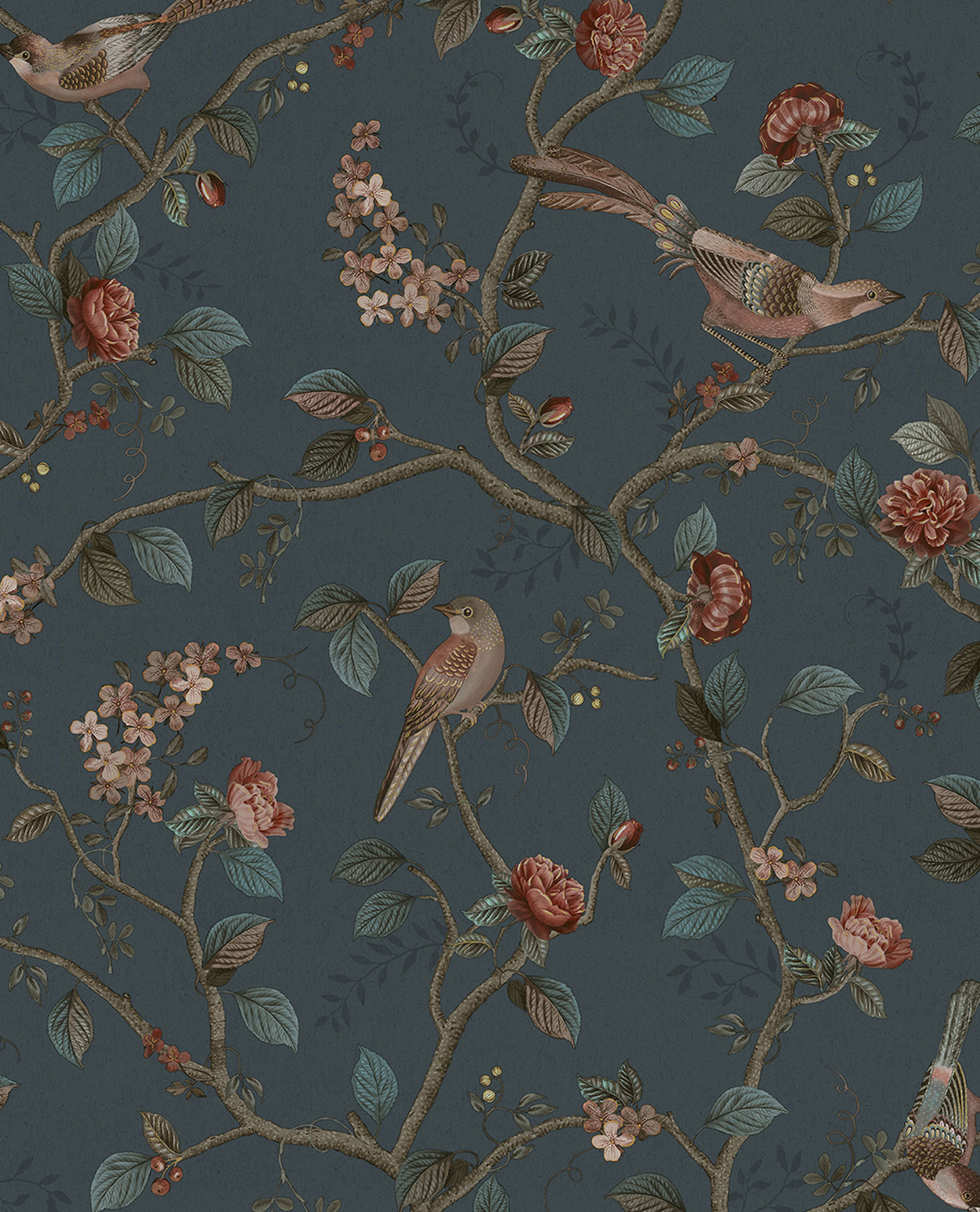 Blue wallpaper with birds and twigs, 333126 Pip Studio 6, Eijffinger