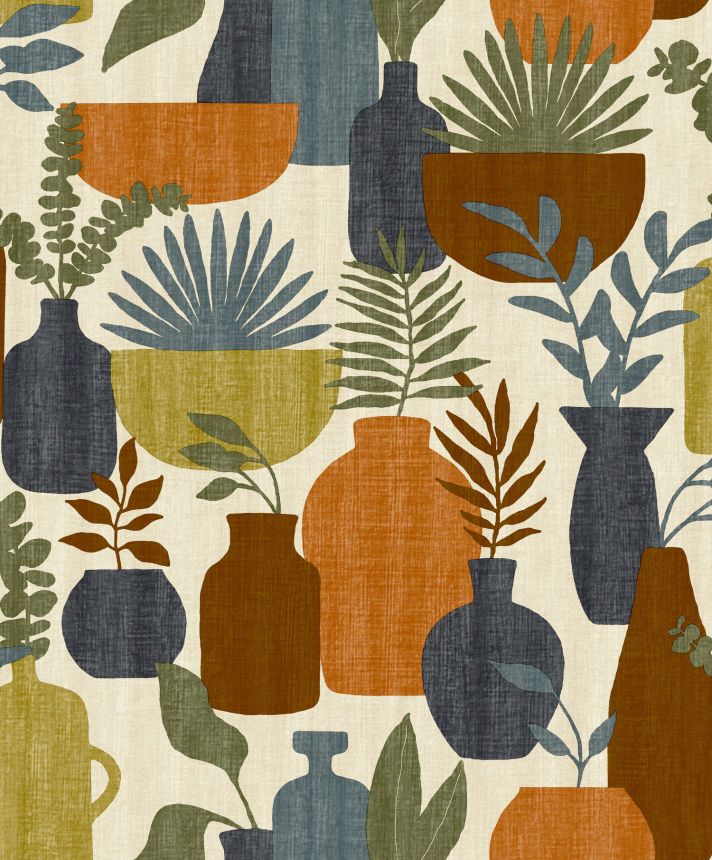 Retro wallpaper, vases with plants, BA26042, Brazil, Decoprint