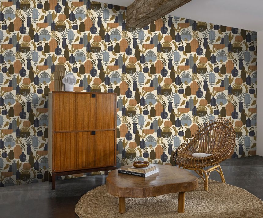 Retro wallpaper, vases with plants, BA26042, Brazil, Decoprint