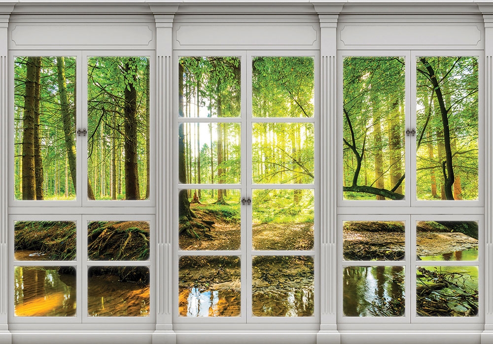 Non-woven photo mural wallpaper Forest behind a window 22132, 416 x 254 cm, Photomurals, Vavex