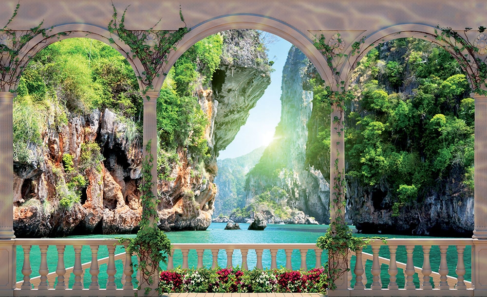 Non-woven photo mural wallpaper Exotic bay behind a window 22119, 416 x 254 cm, Photomurals, Vavex