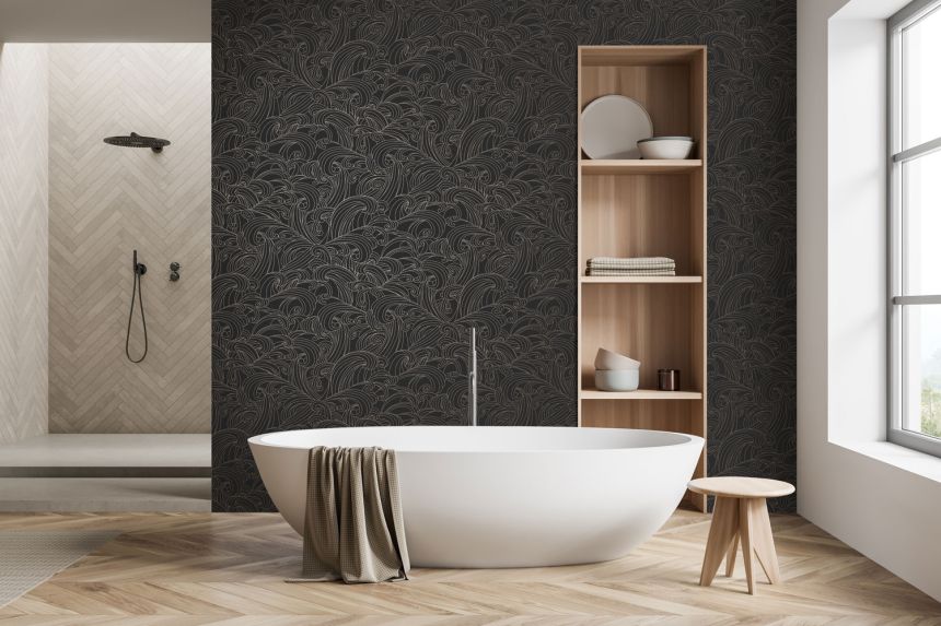 Black wallpaper, sea waves, M62919, Elegance, Ugepa