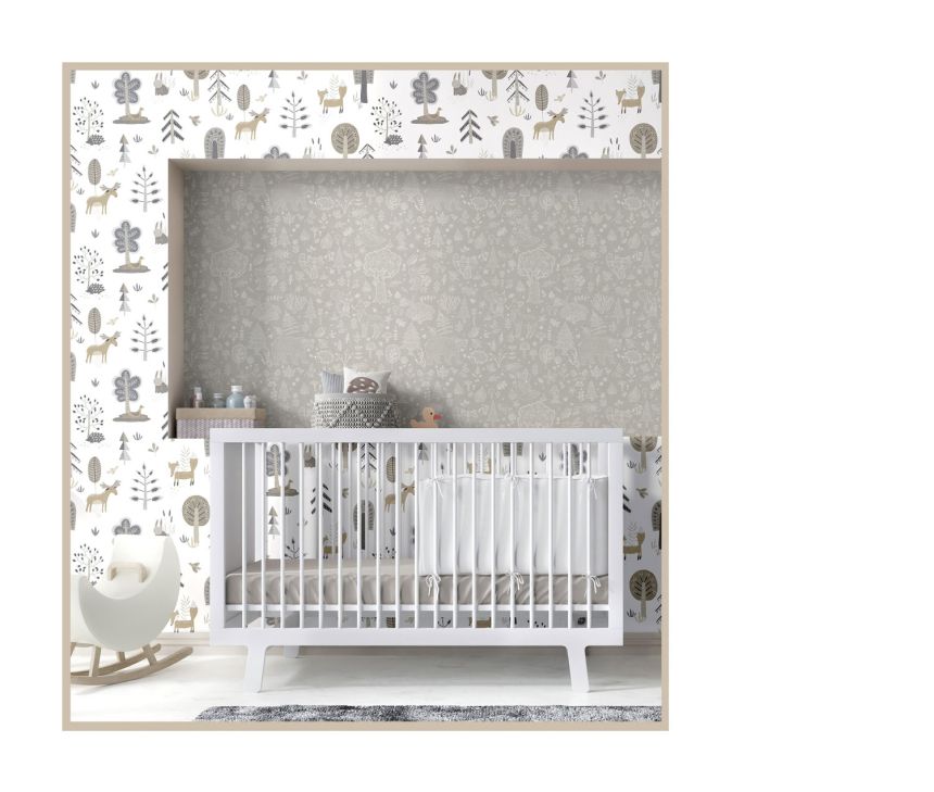 Gray children's wallpaper, animals, plants, 14807, Happy, Parato