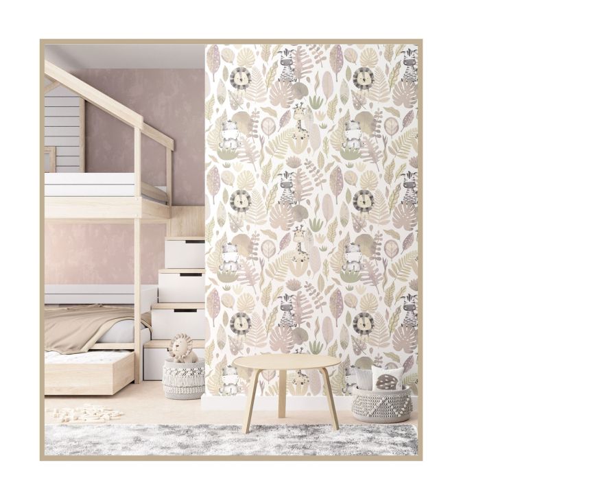 Children's wallpaper with animals and leaves, 14838, Happy, Parato