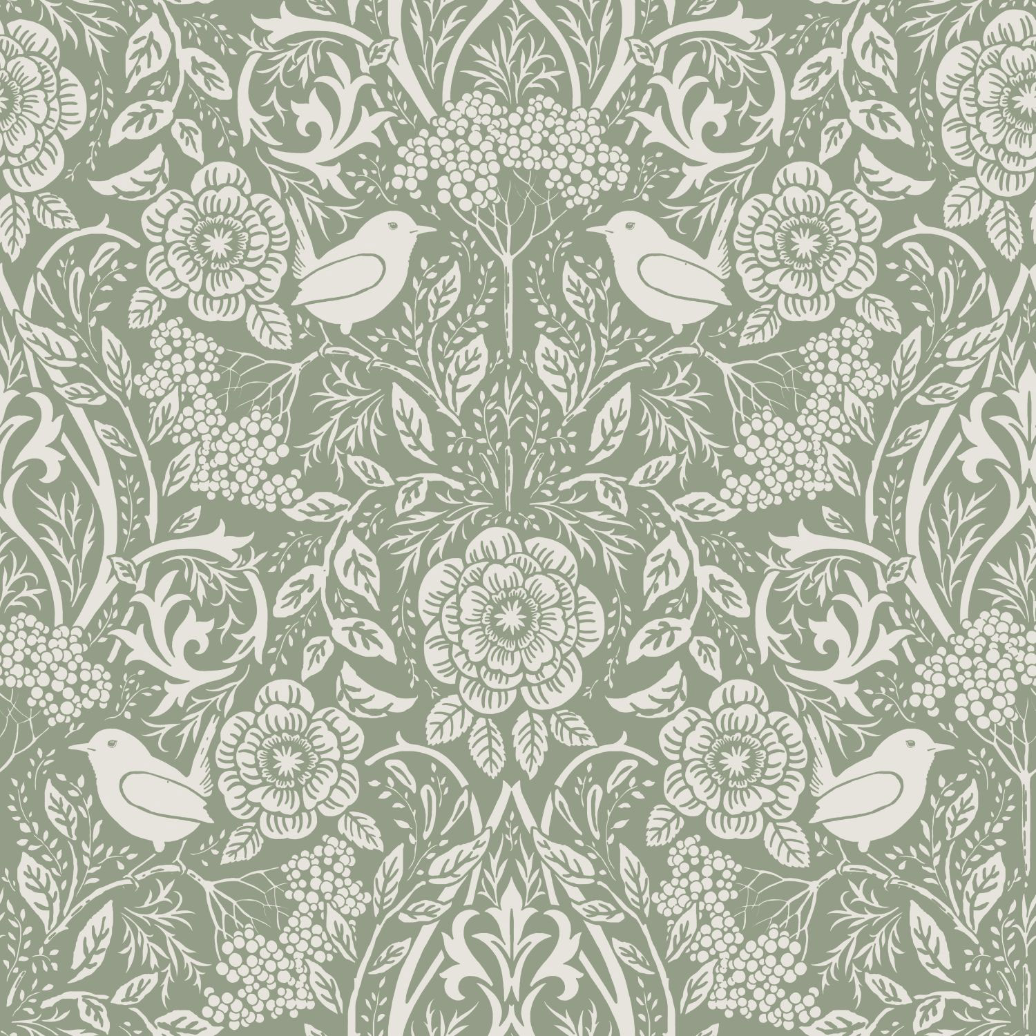 Green non-woven wallpaper with plants and birds, 139293, Vintage Flowers, Esta Home