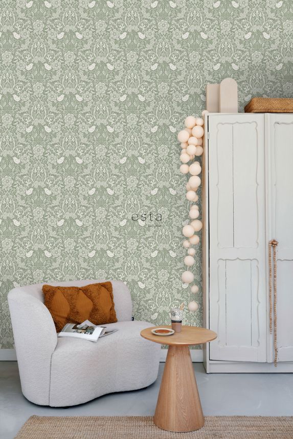 Green non-woven wallpaper with plants and birds, 139293, Vintage Flowers, Esta Home