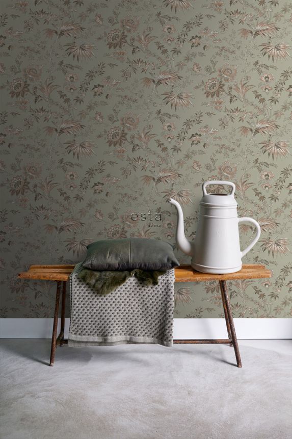 Green non-woven floral wallpaper, 139297, Vintage Flowers, Esta Home