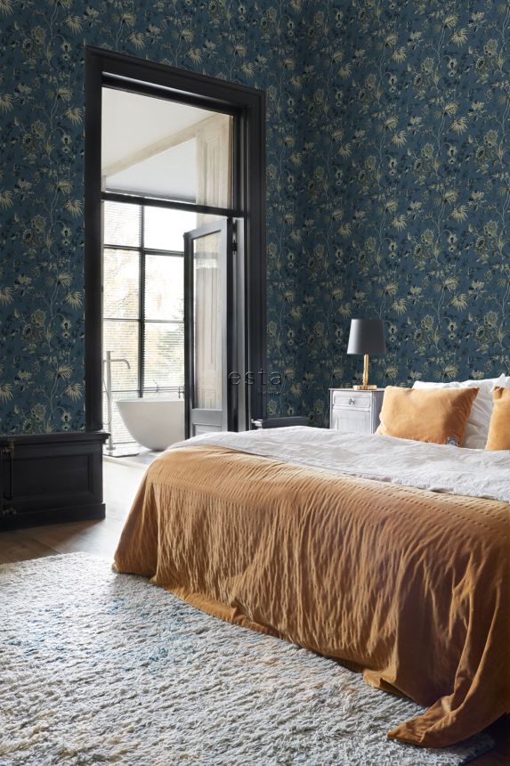 Blue-green non-woven floral wallpaper, 139315, Vintage Flowers, Esta Home