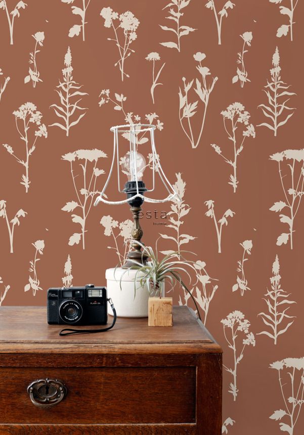 Terracotta/ brown wallpaper, flowers, leaves, 139396, Vintage Flowers, Esta Home