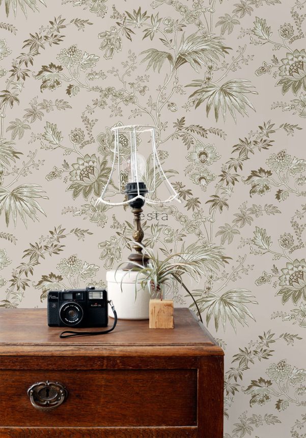 Pink non-woven wallpaper, flowers, leaves, 139401, Vintage Flowers, Esta Home