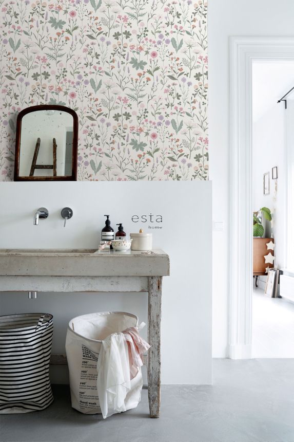 White wallpaper, meadow flowers, 139482, Vintage Flowers, Esta Home