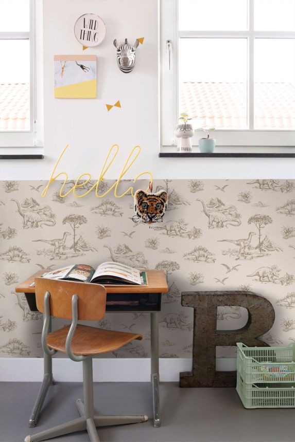 Beige non-woven wallpaper with dinosaurs 139557, To the Moon and Back, Esta Home