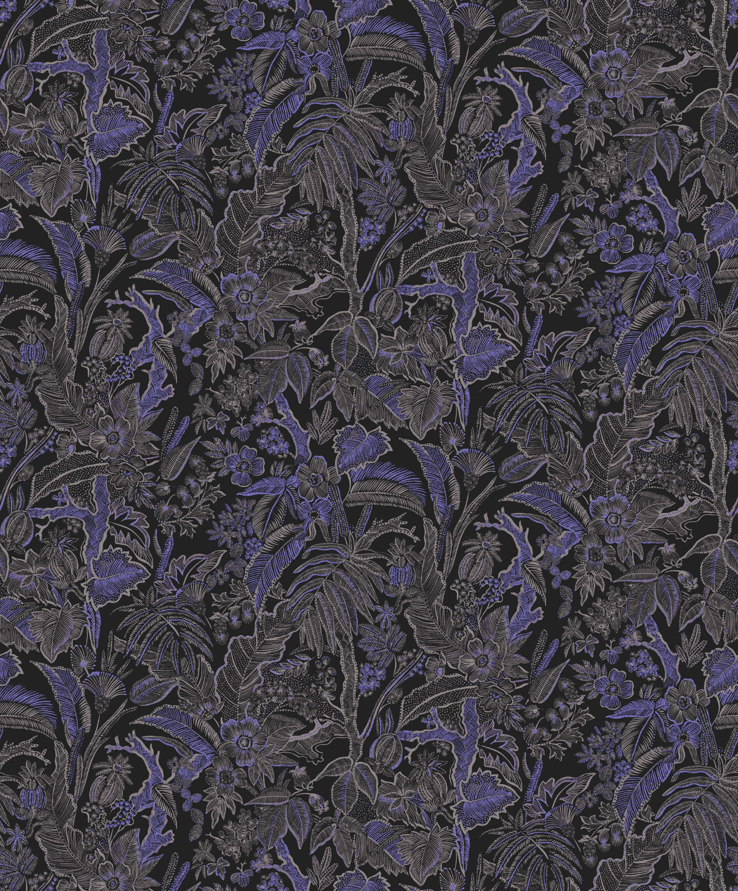 Black-blue wallpaper with flowers and leaves, SUM503, Summer, Khroma by Masureel