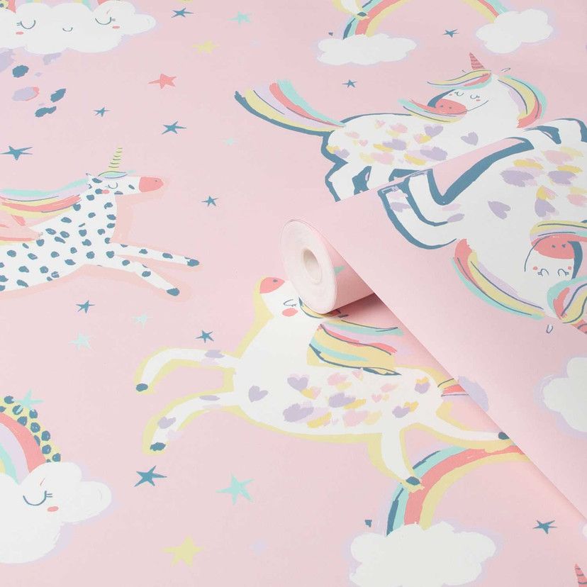 Children's pink wallpaper with rainbows and unicorns, 118328, Next