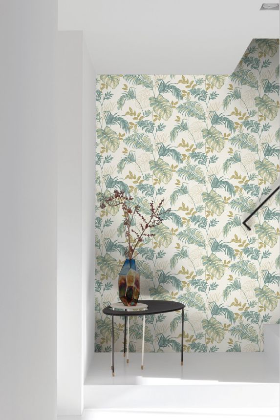 Ocher-green wallpaper with tropical leaves, A64302, Vavex 2025