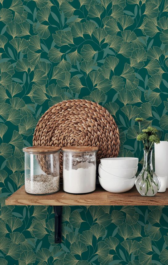 Green-gold wallpaper, ginkgo leaves, A64403, Vavex 2025