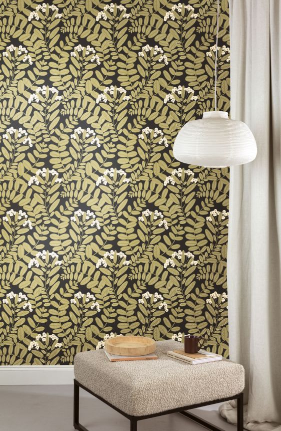 Black non-woven wallpaper with leaves, YSA004, Mysa, Khroma by Masuree