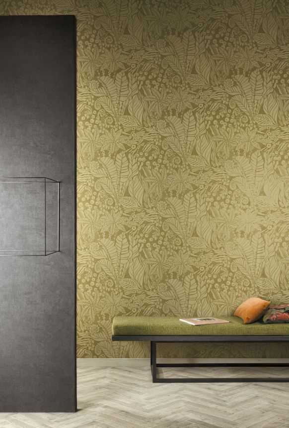 Olive green non-woven wallpaper, leaves, YSA102, Mysa, Khroma by Masuree