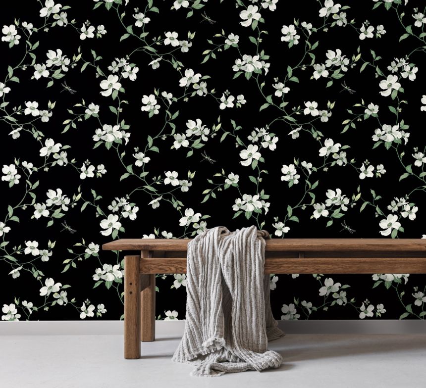 Black wallpaper with flowers and dragonflies, BL1764, Blooms Second Edition Resource Library, York
