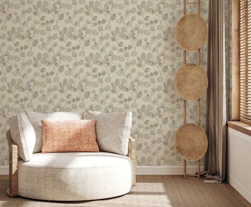 Brown-beige wallpaper with twigs and leaves, Z77506, Savana, Zambaiti Parati