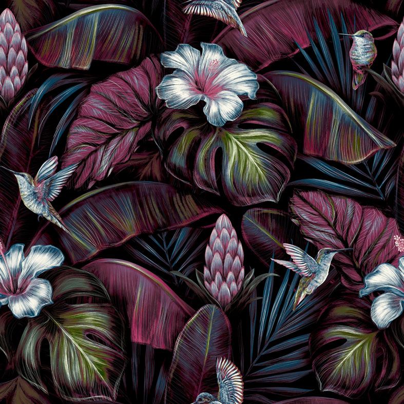 Non-woven wallpaper, pink, flowers, leaves,  hummingbirds, NHW1001, Perla, Decoprint