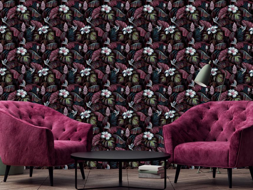 Non-woven wallpaper, pink, flowers, leaves,  hummingbirds, NHW1001, Perla, Decoprint
