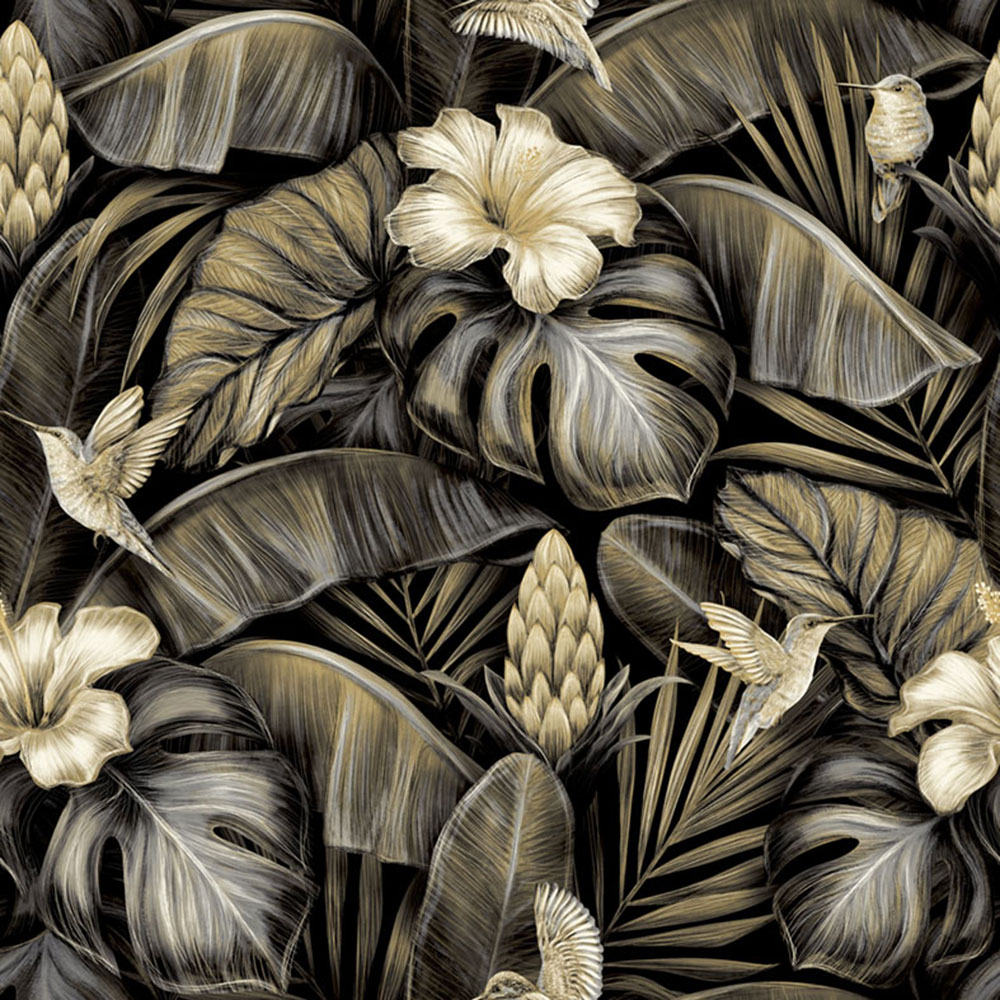Non-woven wallpaper, beige, flowers, leaves,  hummingbirds, NHW1002, Perla, Decoprint