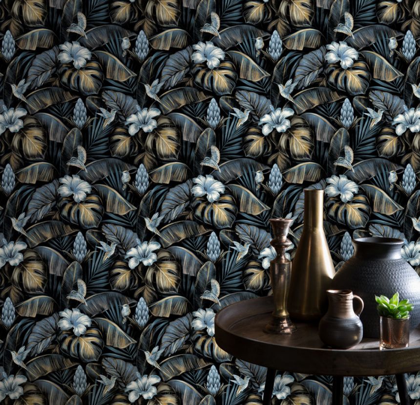 Non-woven wallpaper, blau, flowers, leaves,  hummingbirds, NHW1003, Perla, Decoprint