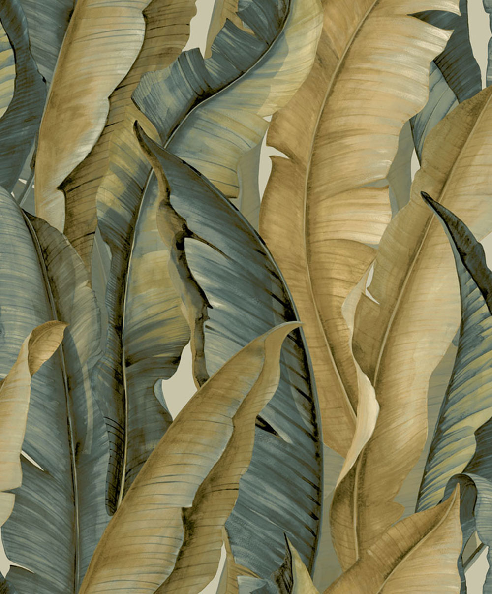 Non-woven wallpaper, ochre-blau, leaves, NHW1041, Perla, Decoprint
