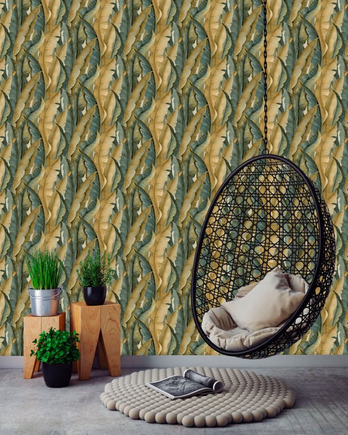 Non-woven wallpaper, ochre-blau, leaves, NHW1041, Perla, Decoprint