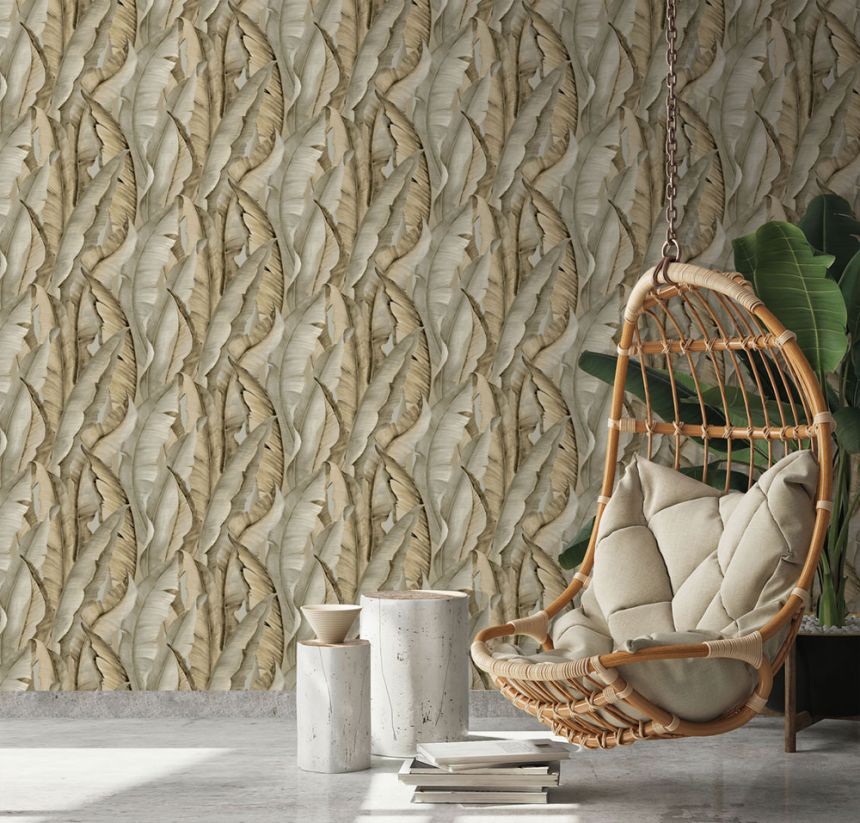 Non-woven wallpaper, brown-gray, leaves, NHW1043, Perla, Decoprint