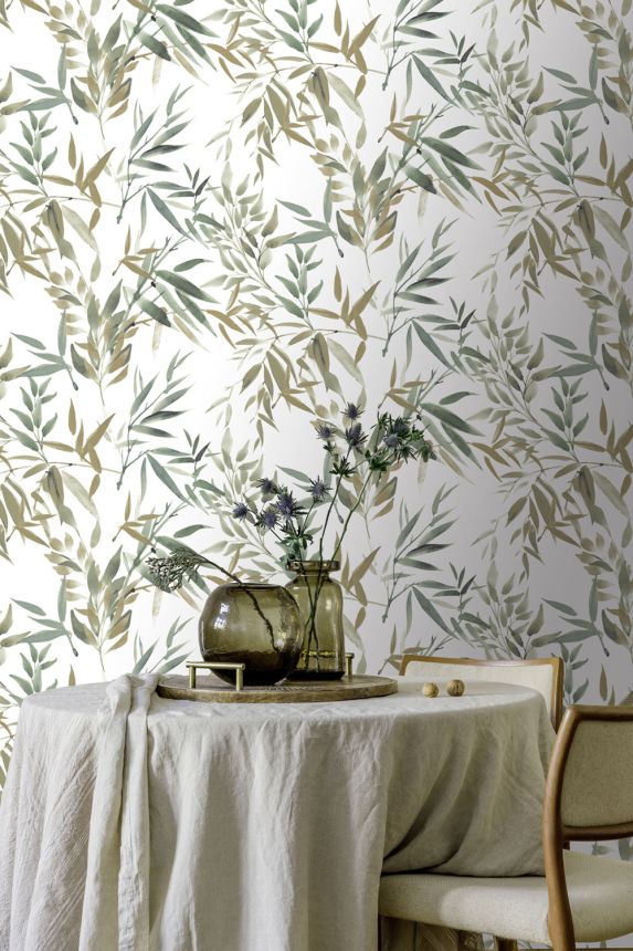 White non-woven wallpaper with bamboo leaves, RE25193, Reflect, Decoprint