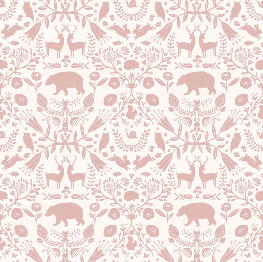 Pink-white children's wallpaper with animals and flowers, 17144, MiniMe, Cristiana Masi by Parato