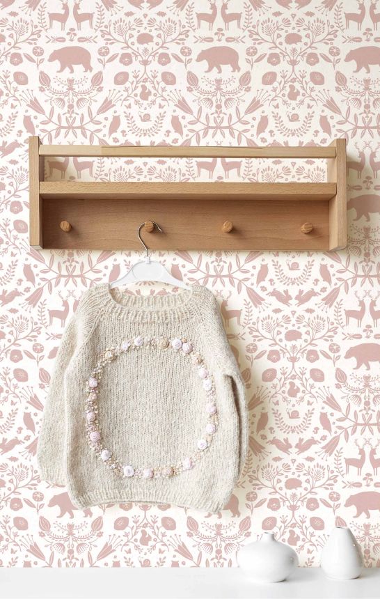 Pink-white children's wallpaper with animals and flowers, 17144, MiniMe, Cristiana Masi by Parato