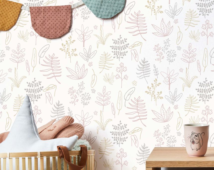 Children's white wallpaper with plants and leaves, 17167, MiniMe, Cristiana Masi by Parato