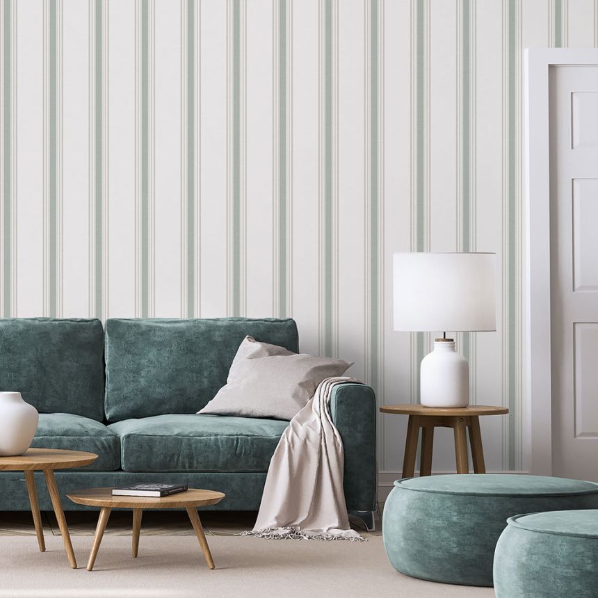 Non-woven wallpaper, green, stripes,  9810-4, Essential Stripes, ICH Wallcoverings