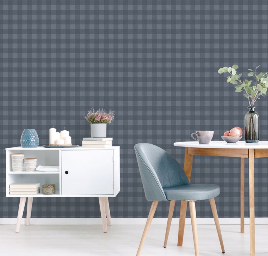 Non-woven wallpaper, blue, checkered,  9813-1, Essential Stripes, ICH Wallcoverings