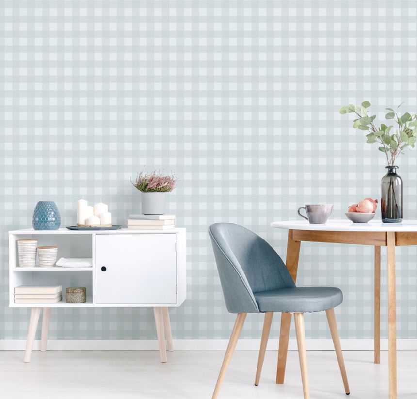 Non-woven wallpaper, blue, checkered, 9813-4, Essential Stripes, ICH Wallcoverings, 0,53 x 10,05 m