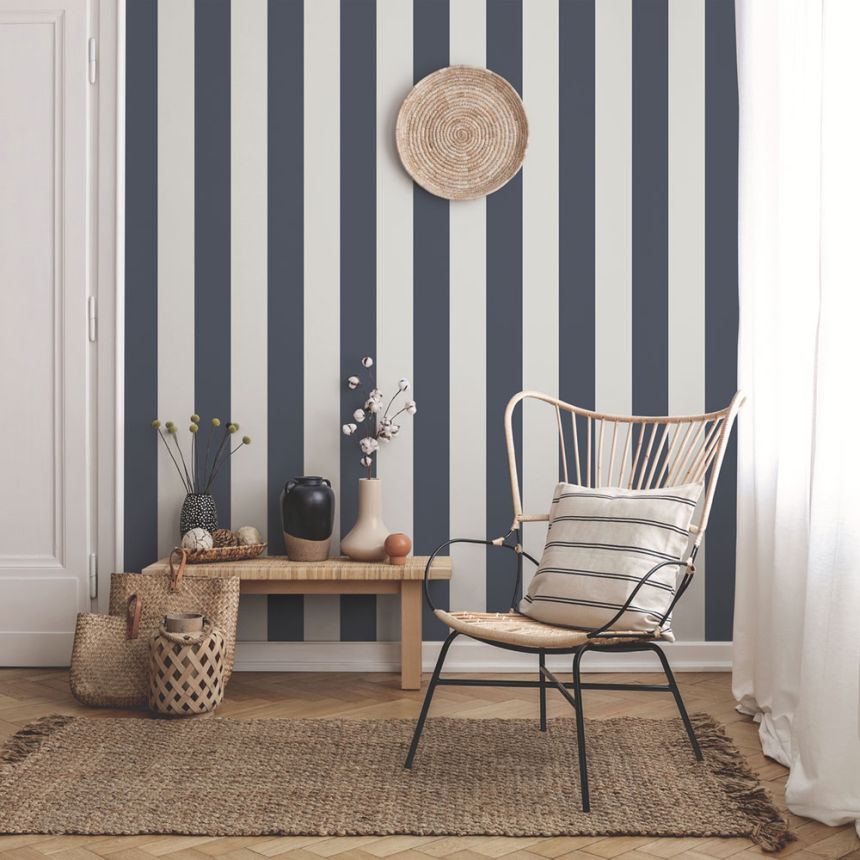 Non-woven wallpaper, blue-white, stripes,  9814-1, Essential Stripes, ICH Wallcoverings