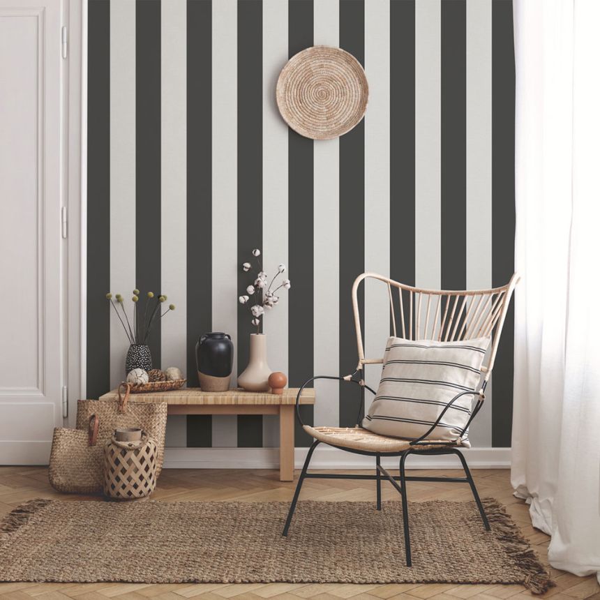 Non-woven wallpaper, black-white, stripes,  9814-4, Essential Stripes, ICH Wallcoverings