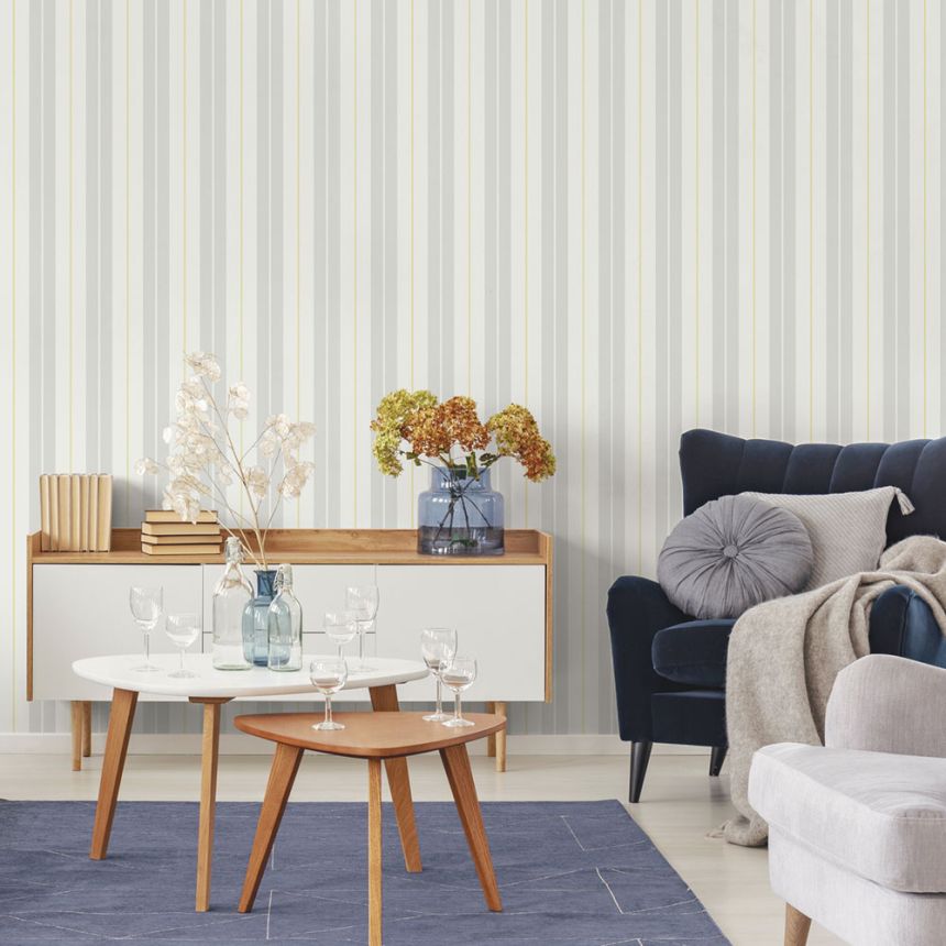 Non-woven wallpaper, gray-yellow, stripes,  9815-4, Essential Stripes, ICH Wallcoverings