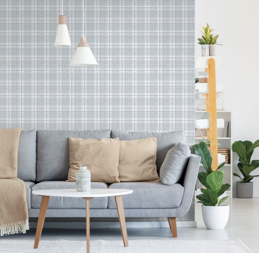 Non-woven wallpaper, blue-gray, checkered,  9819-6, Essential Stripes, ICH Wallcoverings