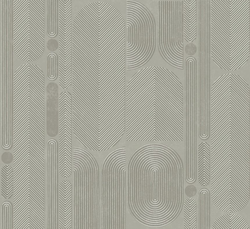 Geometric non-woven wallpaper, gray-green, ovals, ROC205, Rock, Masureel