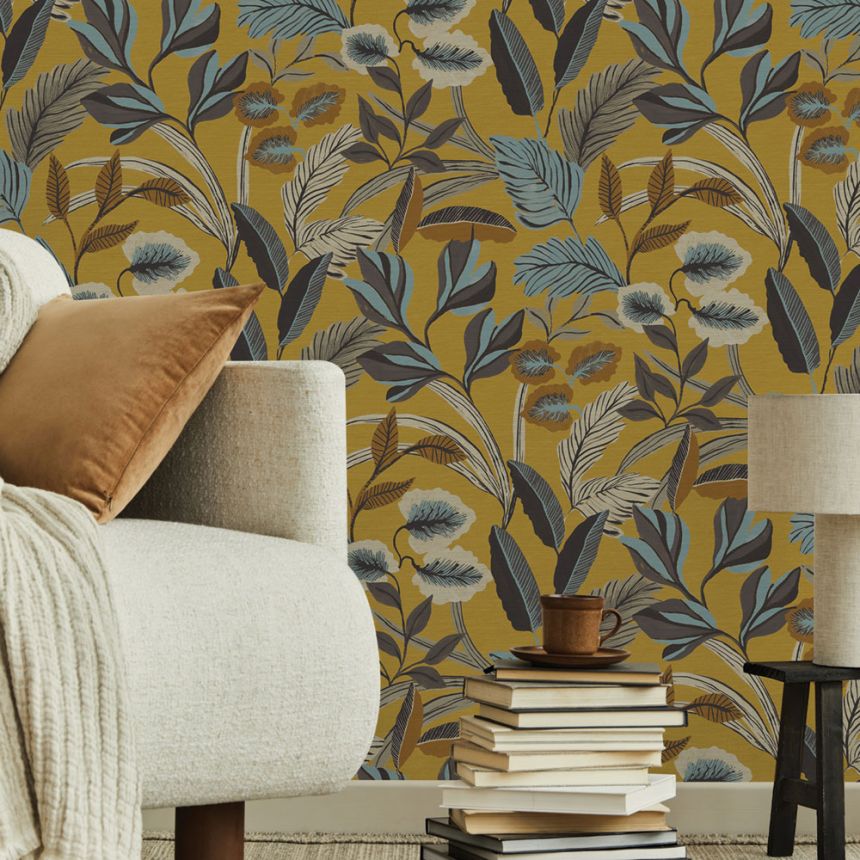 Ocher non-woven wallpaper, leaves, 121157, Vavex 2026