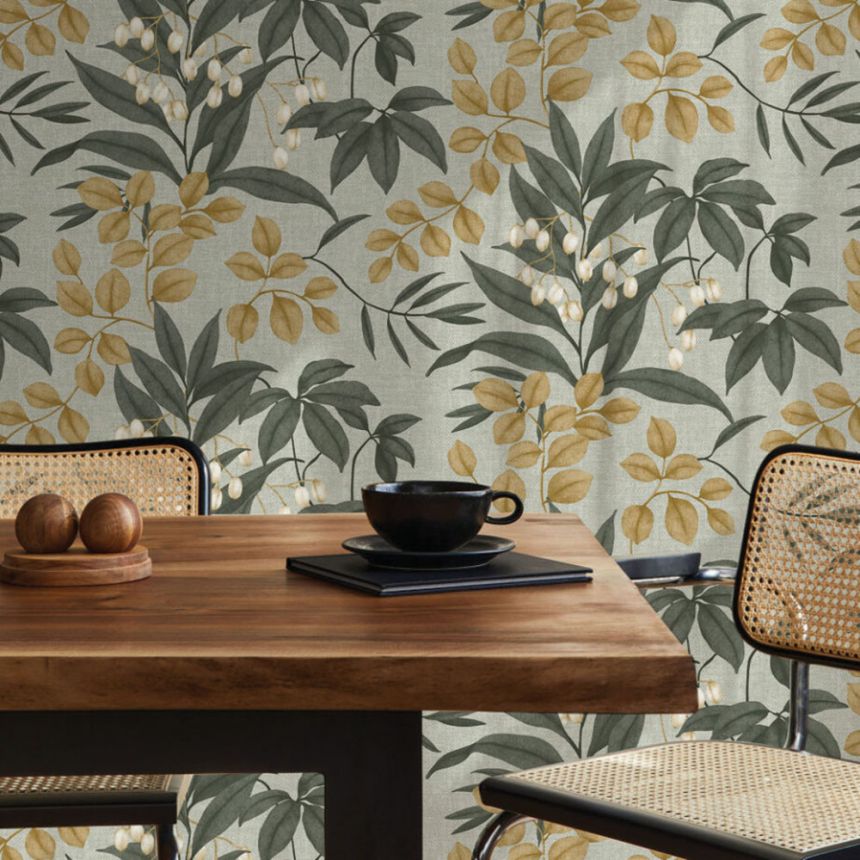 Green wallpaper with twigs and leaves, 122414, Vavex 2026