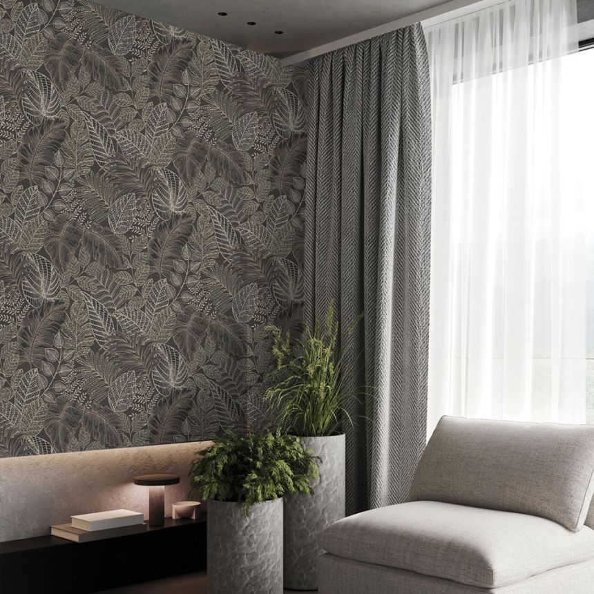 Black non-woven wallpaper, leaves, 122425, Vavex 2026